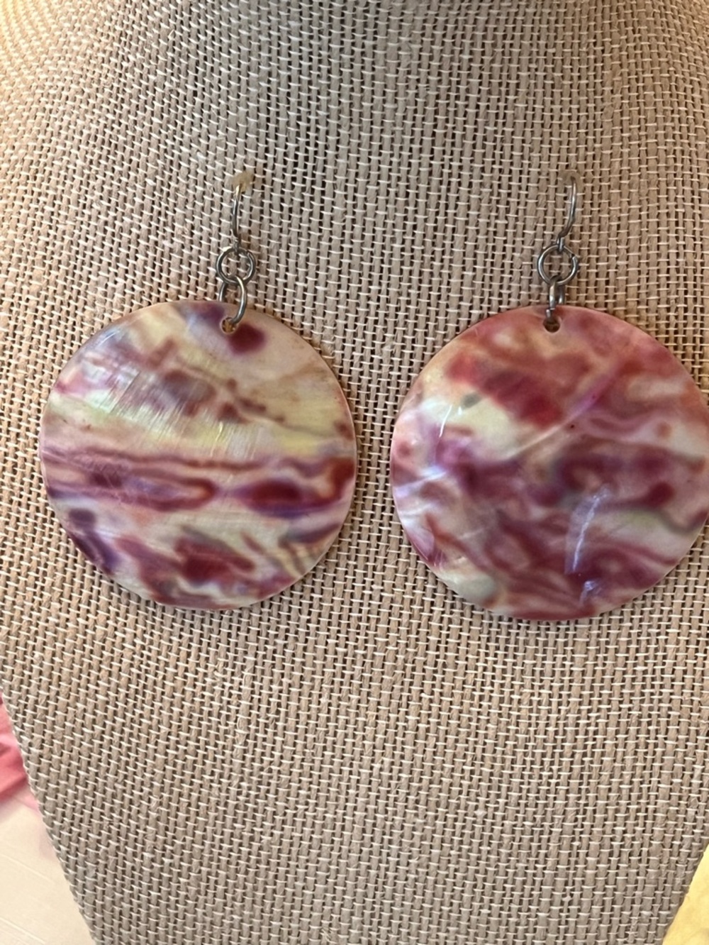 Large round natural shell dangle earrings